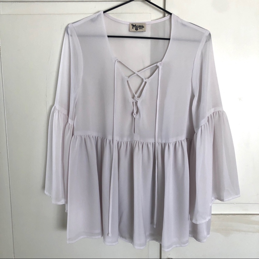 Show Me Your Mumu Babydoll Blouse Small Tie Top White Boho Peasant Romantic Poet - Picture 11 of 12